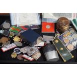 Cigar box containing a hip flask, medals & badges