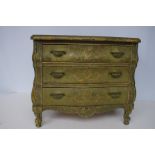 An apprentice reproduction bombe shaped commode, three drawer chest - original green paint and scrol