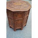 Indian carved wine table with brass inlay