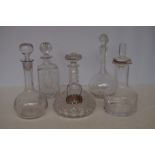 5 Decanters, 1 with sterling silver rum label