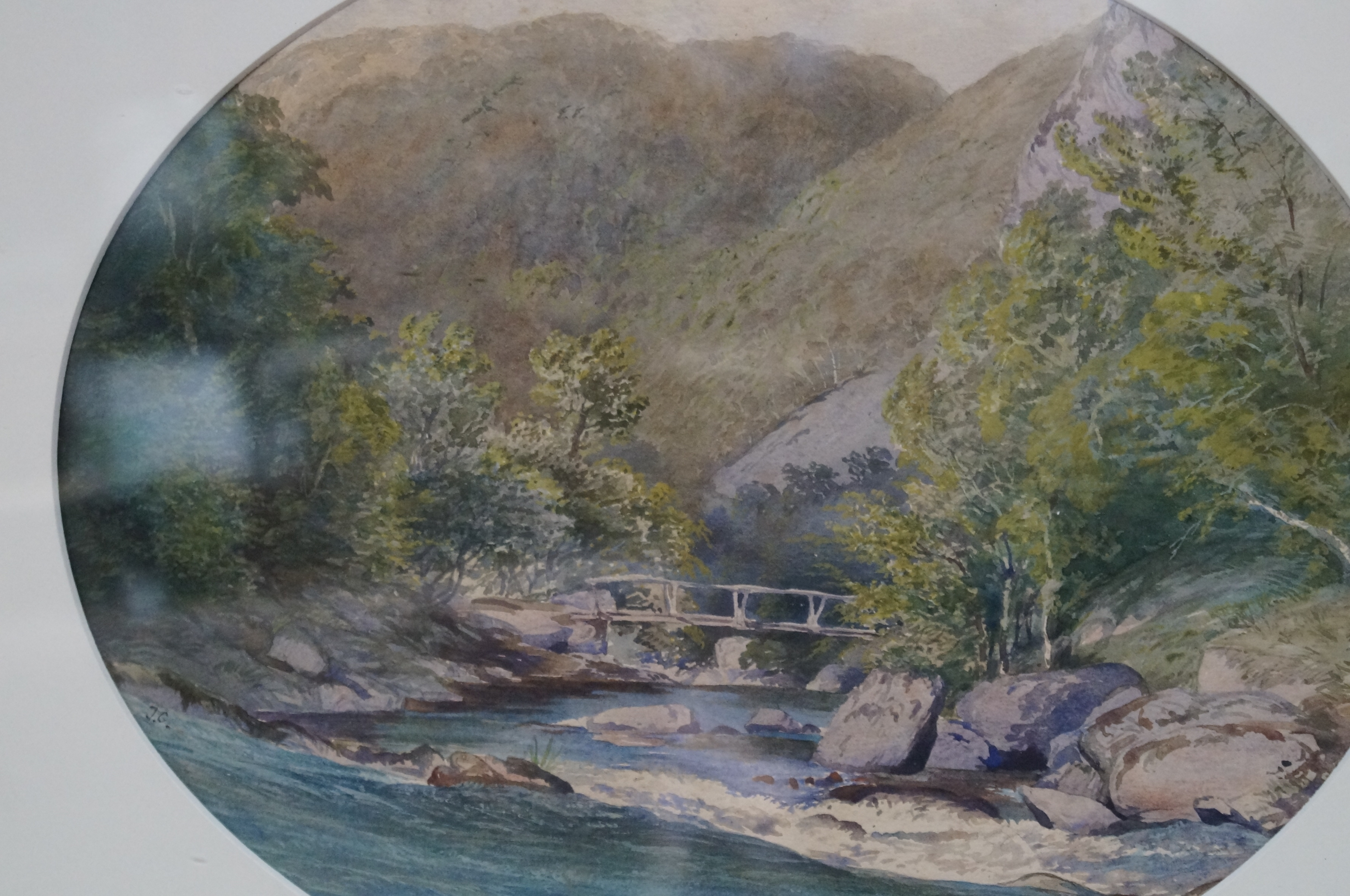 Framed watercolour river & bridge scene