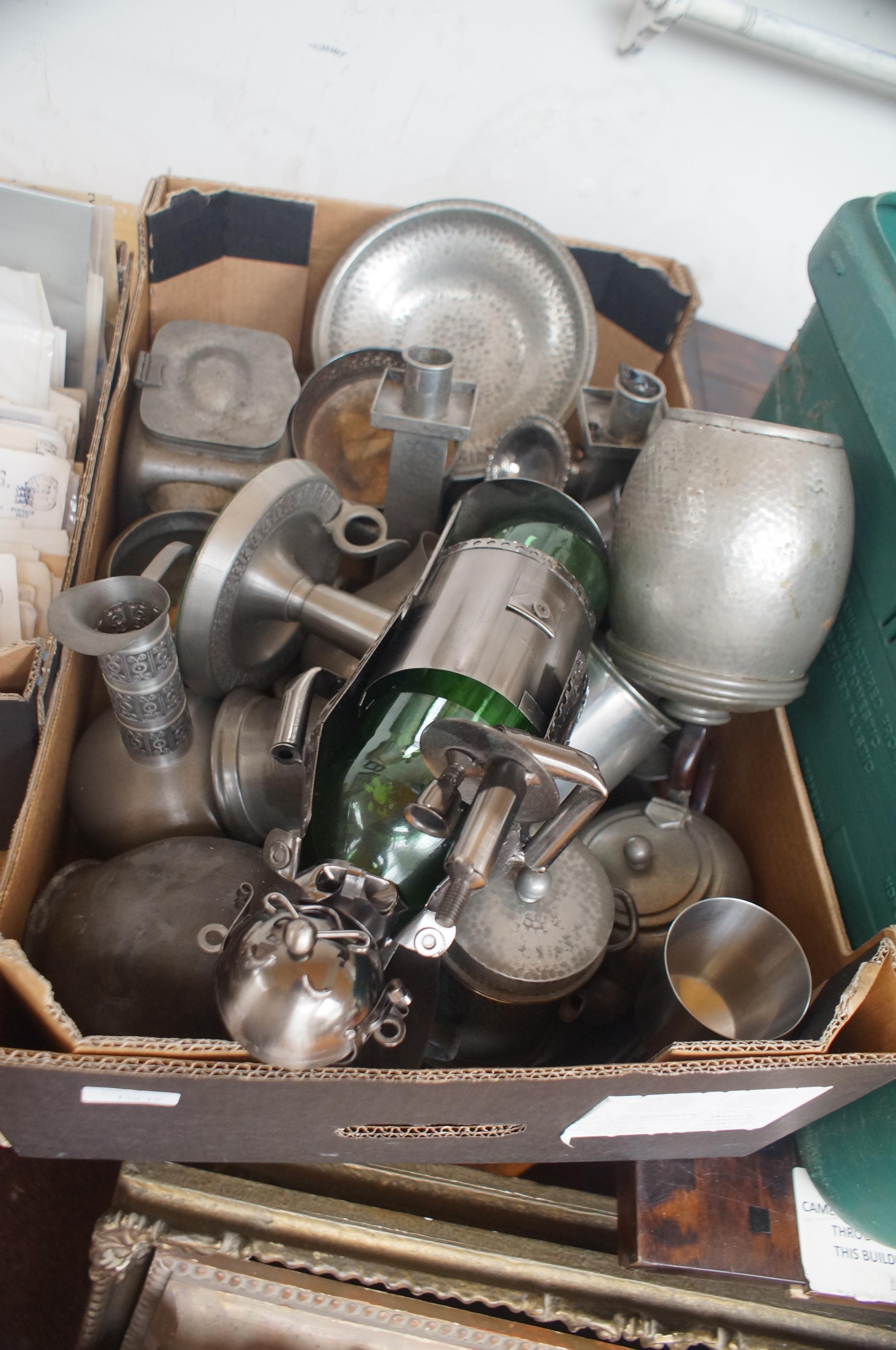 Large box of pewter