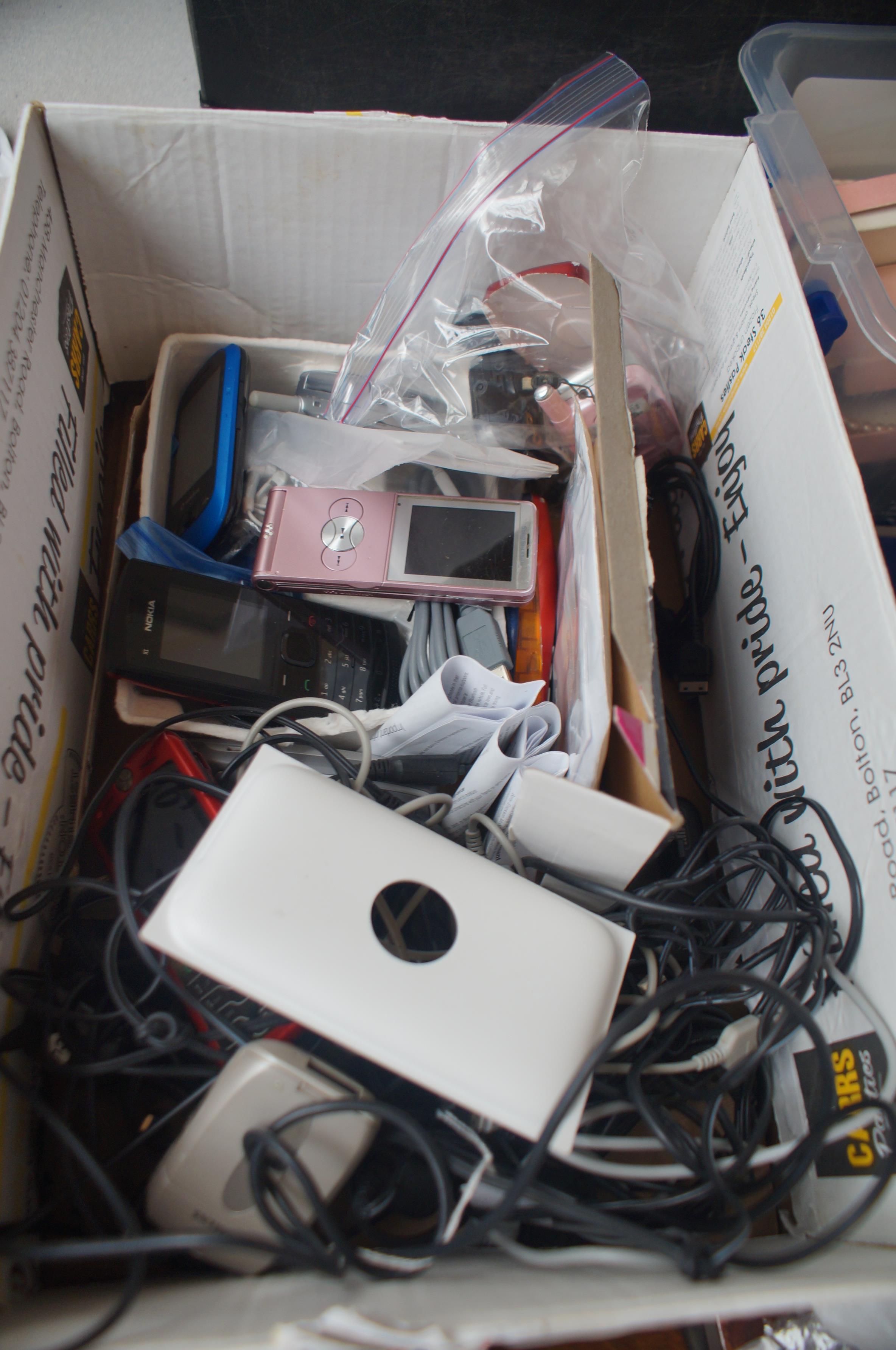 Box of vintage mobile phones & other electricals