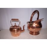 Copper coal bucket together with a copper kettle