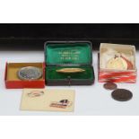 Butlins coin, Victorian plated brooch & others