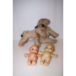 2 Vintage teddys together with 2 vintage dolls