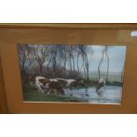 Early framed print, cattle scene 26cm x 40cm (with