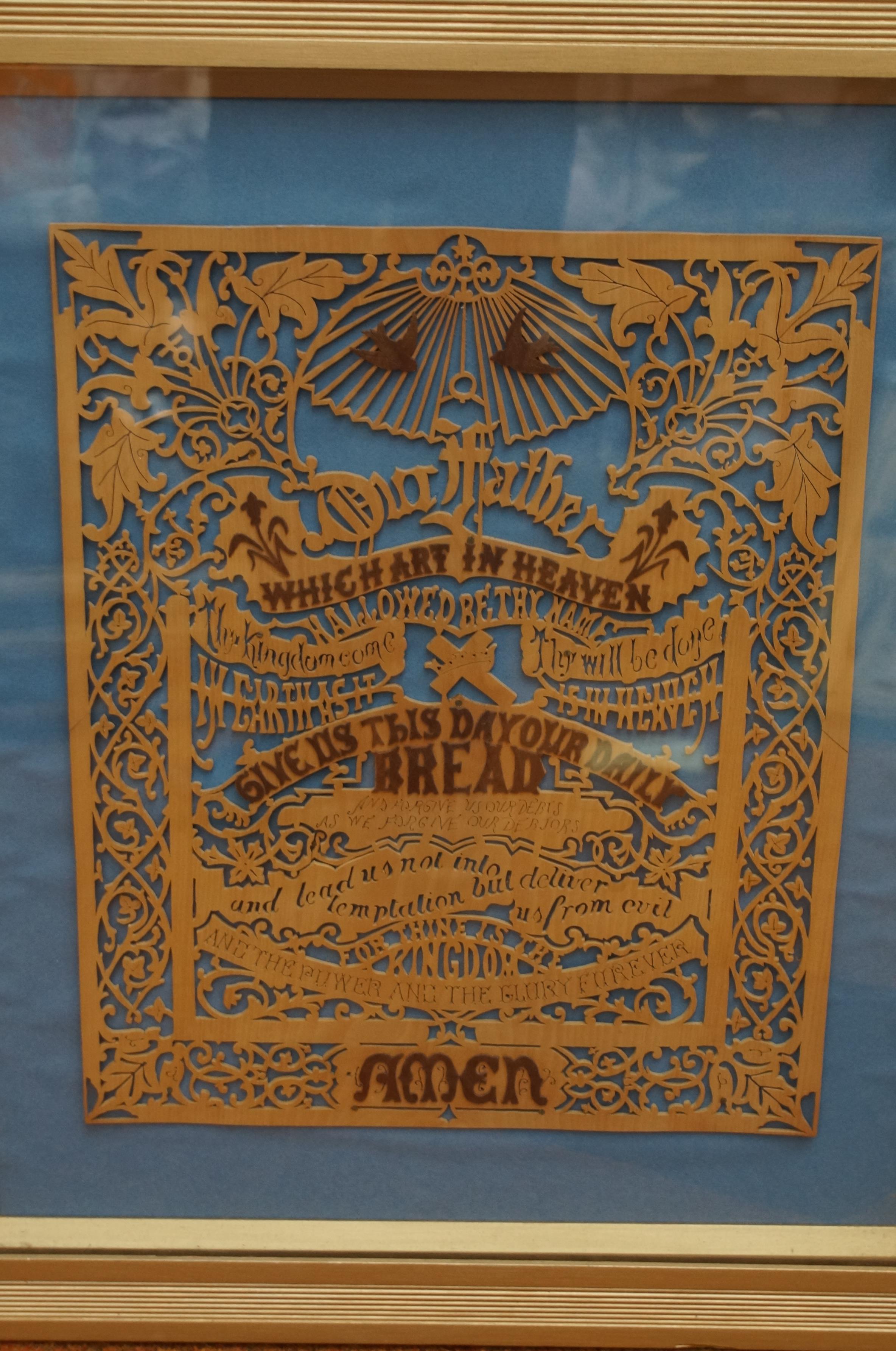 Early framed fretwork, the Lords Prayer, 47cm x 37