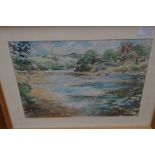 Framed watercolour, river scene signed Chris Insol