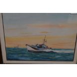 Small framed watercolour of a boat, indistinct sig