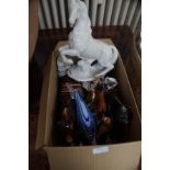 Box of ceramic horses & others