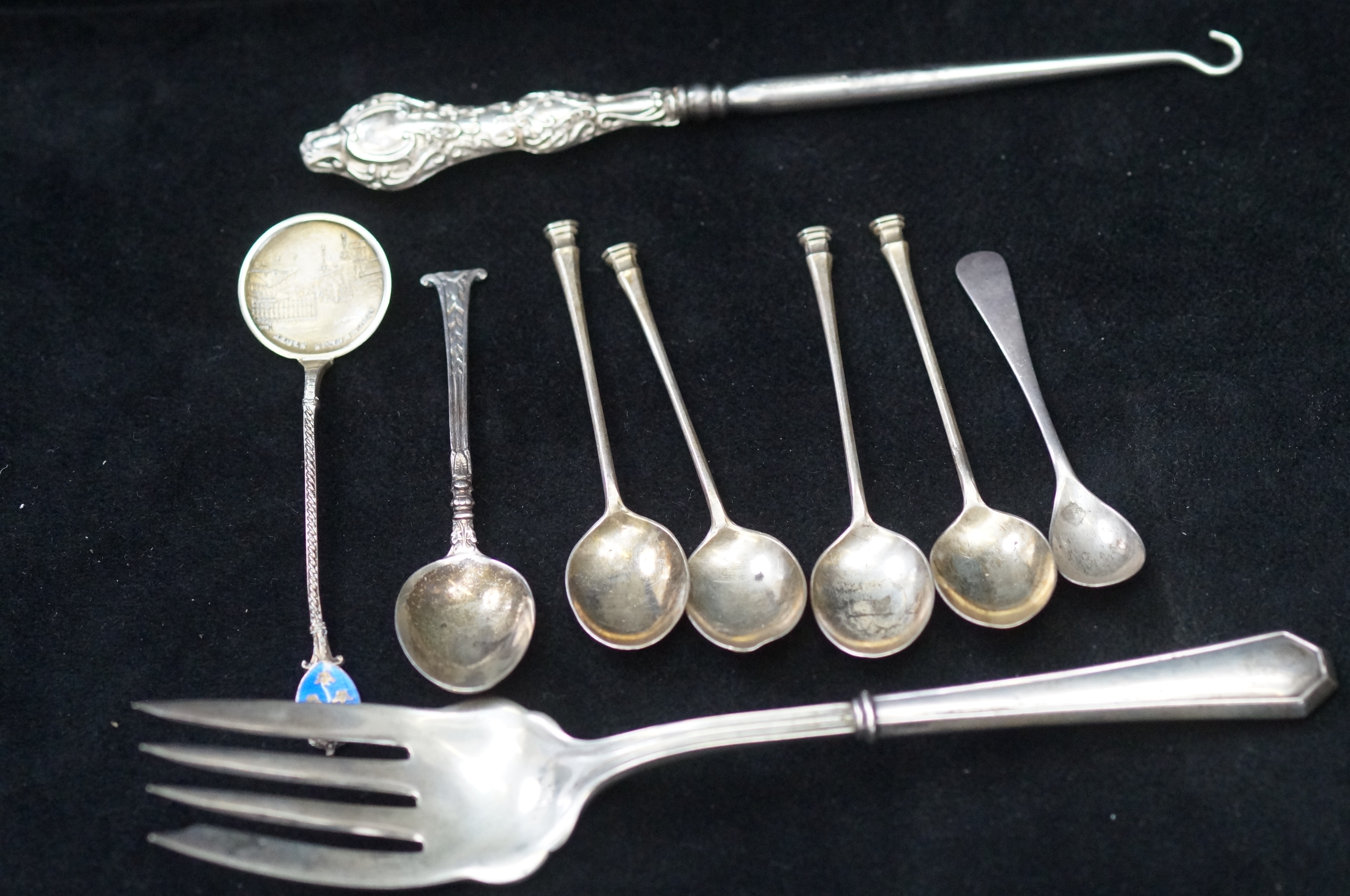 Silver bean spoons, silver handled button hook & s