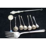 Silver bean spoons, silver handled button hook & s