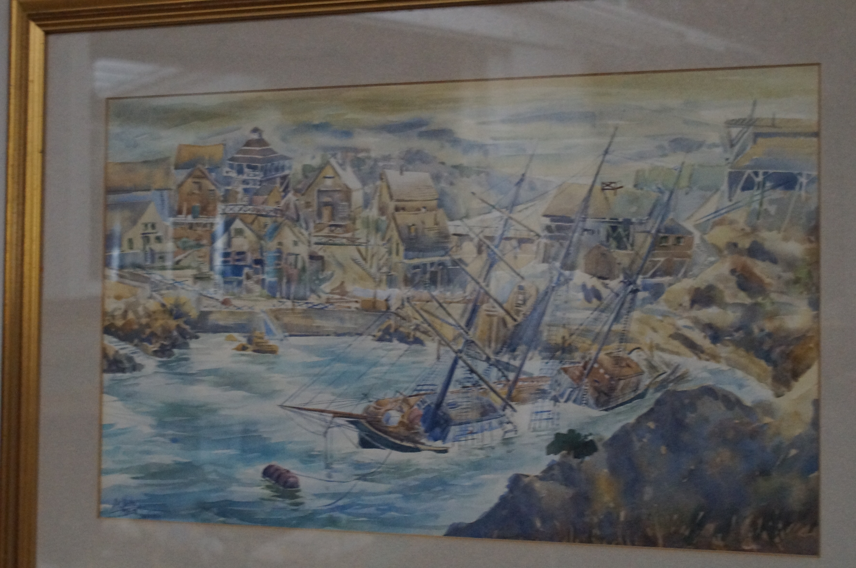 Framed watercolour, Harbour scene with ship in dis