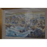 Framed watercolour, Harbour scene with ship in dis