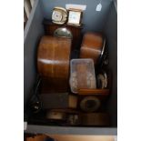 Box of early 20th century mantle clocks, travel cl