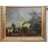 Framed oil on canvas horse rider & dog signed Huds