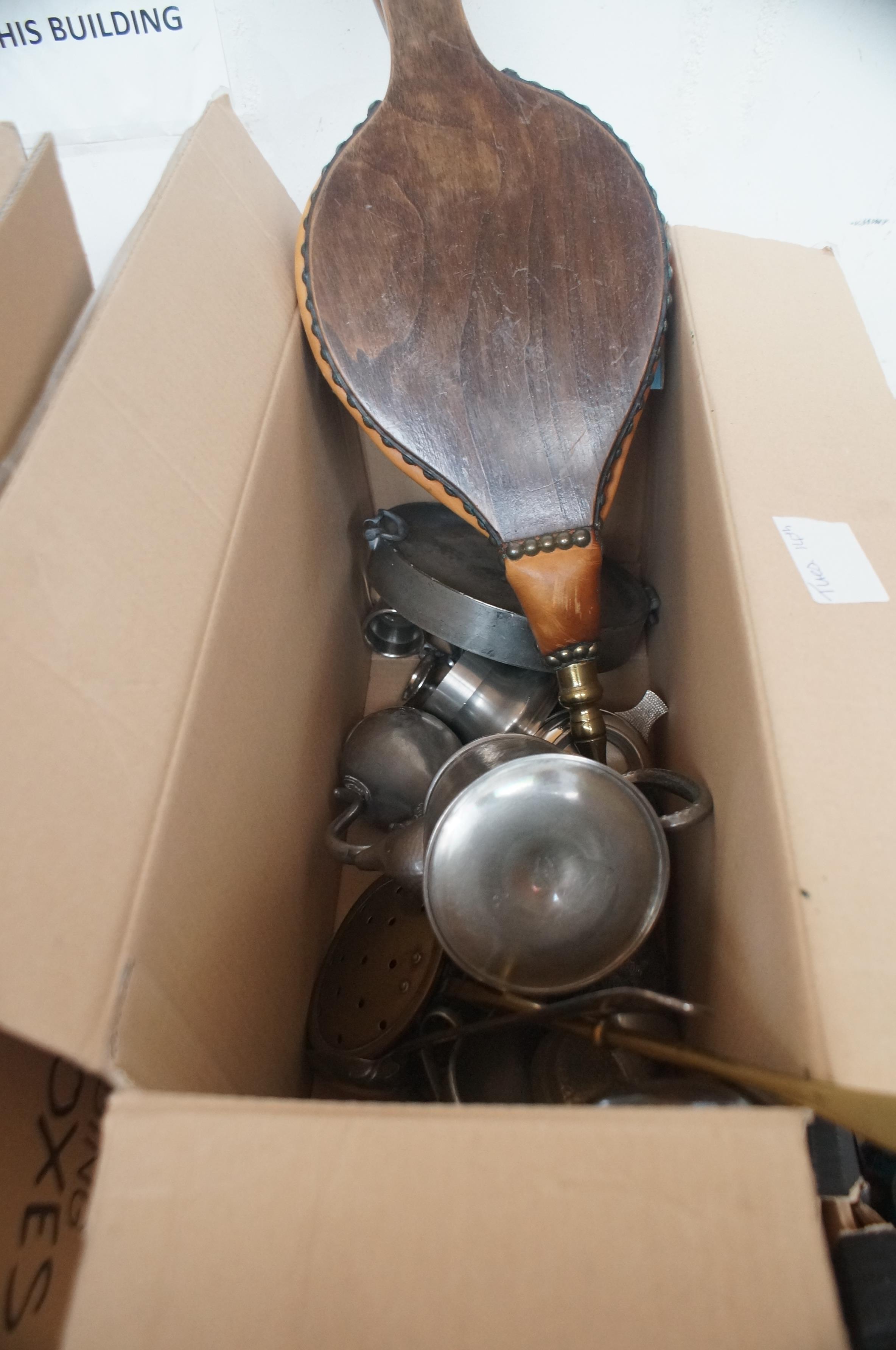 Box of metal ware to include a pair of bellows