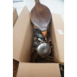 Box of metal ware to include a pair of bellows
