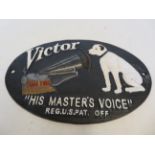 Cast iron sign 'His masters voice' Length 29 cm