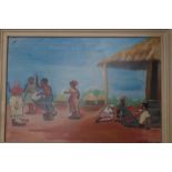 Original African painting, village community Dines