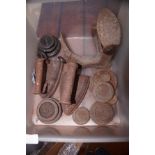 Box of vintage irons & weights