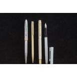 3 Ballpoint Pens (Waterman, Aston Brown & Pen Quest) together with a gold plated pencil