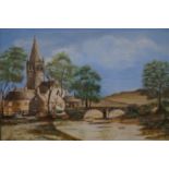 Framed watercolour, church & river scene signed E