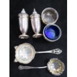 Pair of silver salts, silver salt & pepper & 2 sil