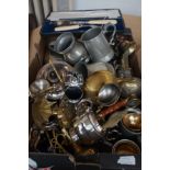 Large box of metal ware to include a cased ivory h