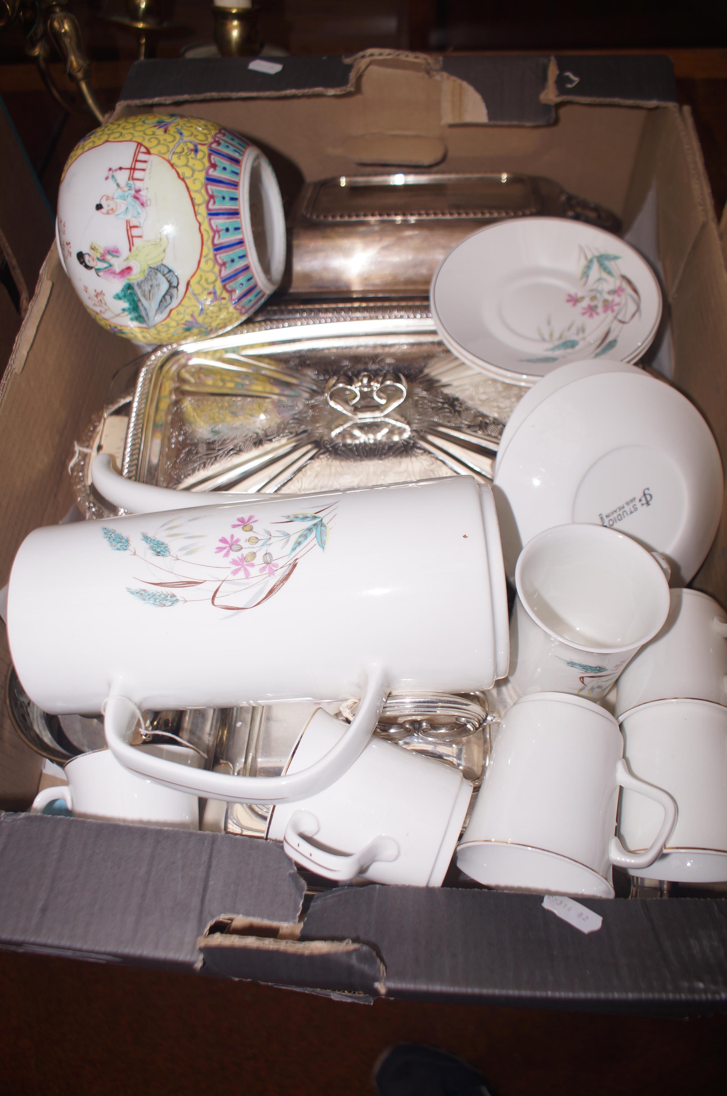 Studio pottery tea set, silver plated items & othe