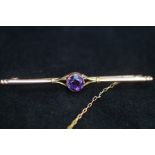 9ct Gold pin brooch set with amethyst & safety cha