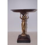 Brass classical figure on plinth raising a metal possibly card tray Height 36 cm