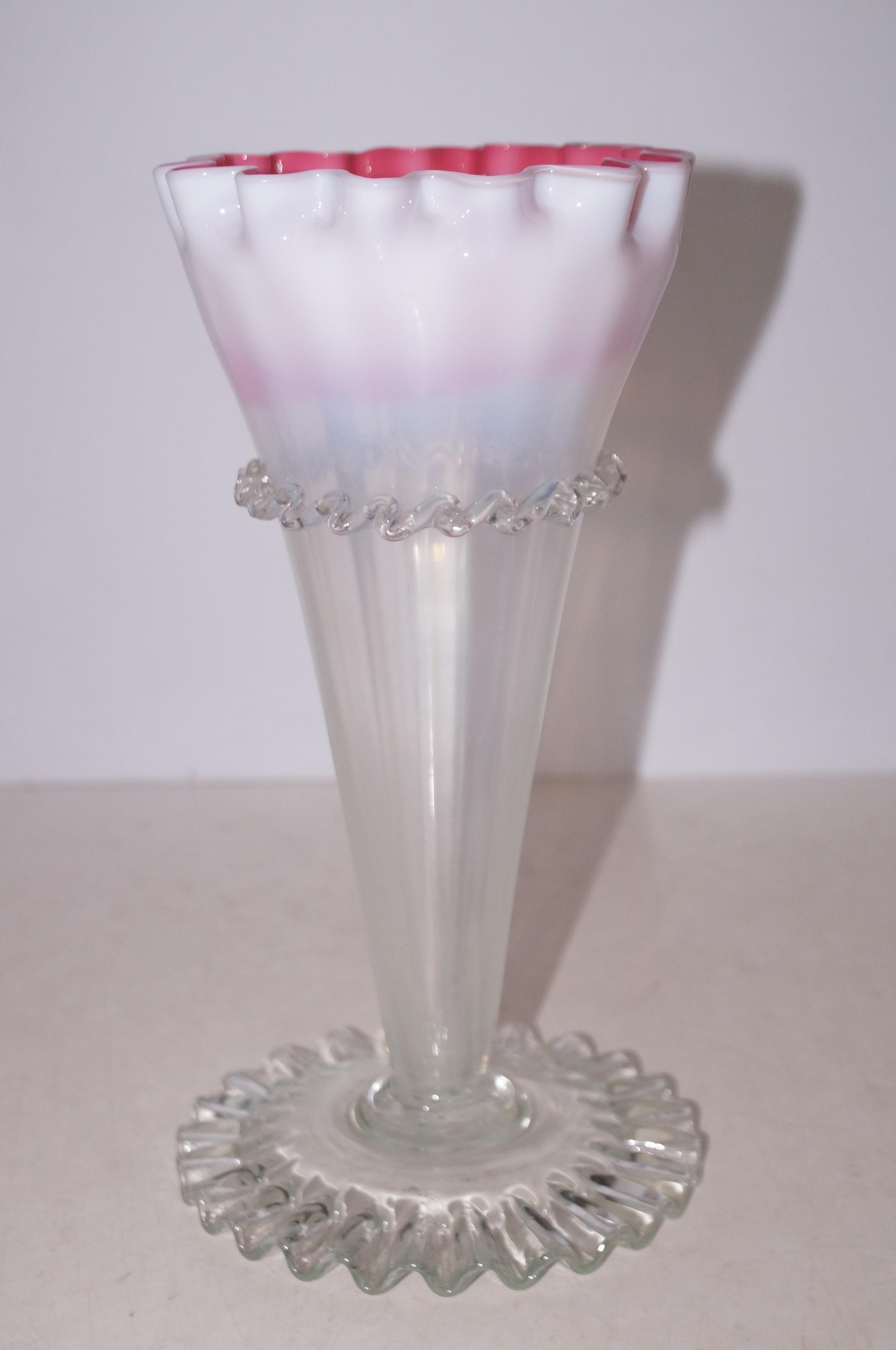 Victorian fluted conical white & pink vase