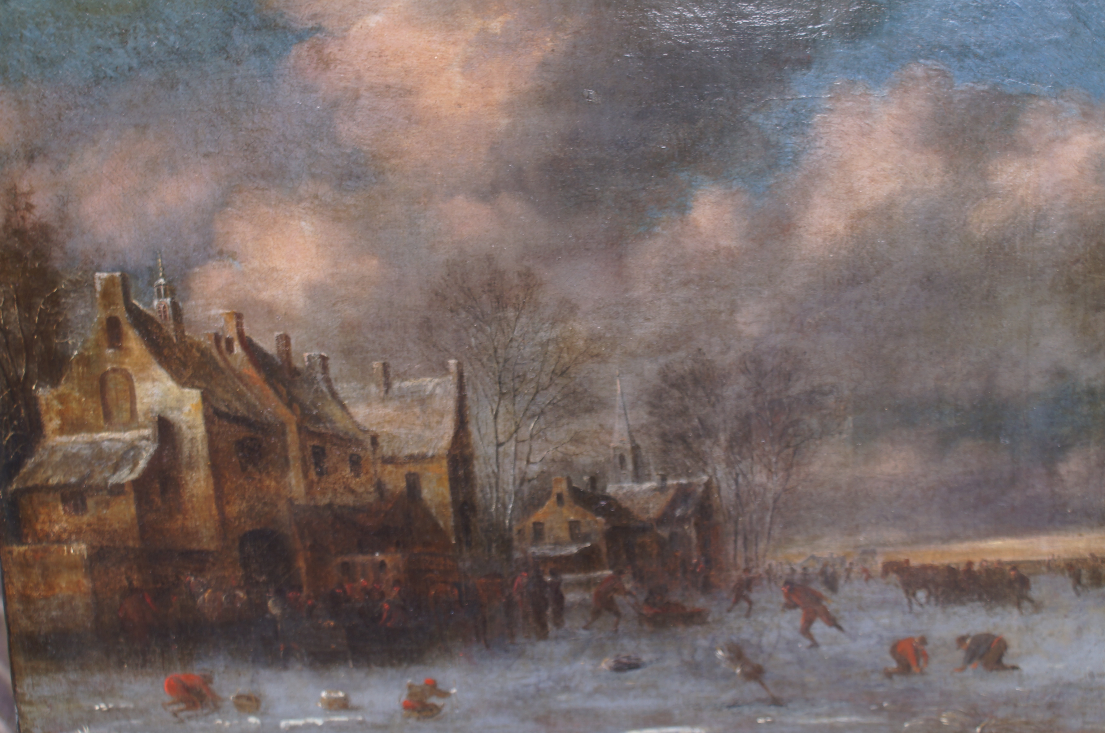 17th Century Dutch oil on canvas winter scene. Ska