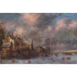 17th Century Dutch oil on canvas winter scene. Ska