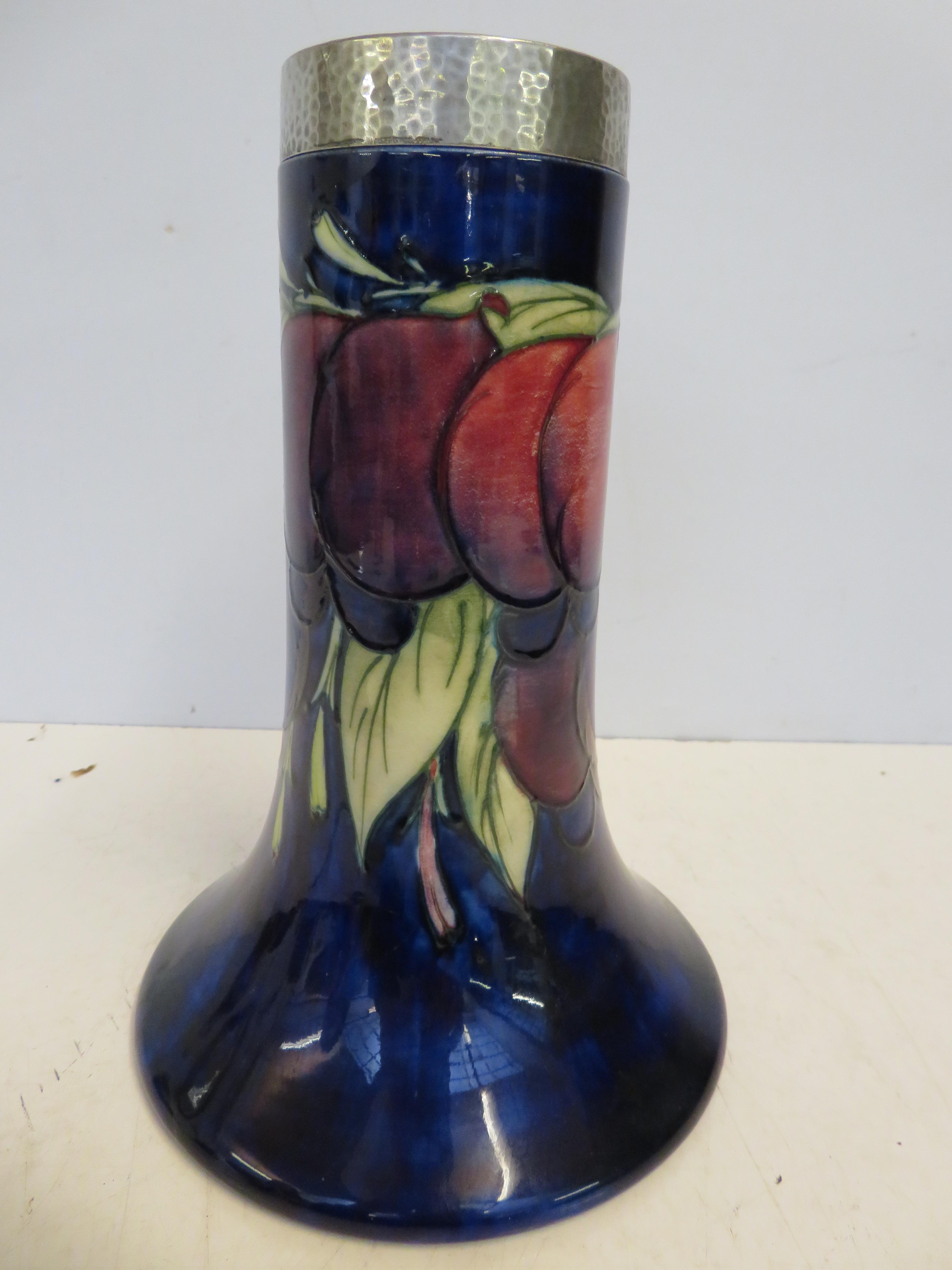 William Moorcroft Vase with hammered pewter rim wi