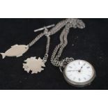 Silver pocket watch chain & 2 silver fobs
