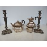 Silver plated tea set together with a pair of orna
