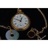 Yellow metal pocket watch, double albert & fobs