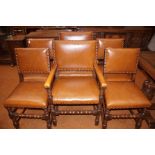 4 Dining chairs, 2 carvers with leather upholstery