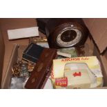 Box to include a 1930's mantle clock, stamps & oth