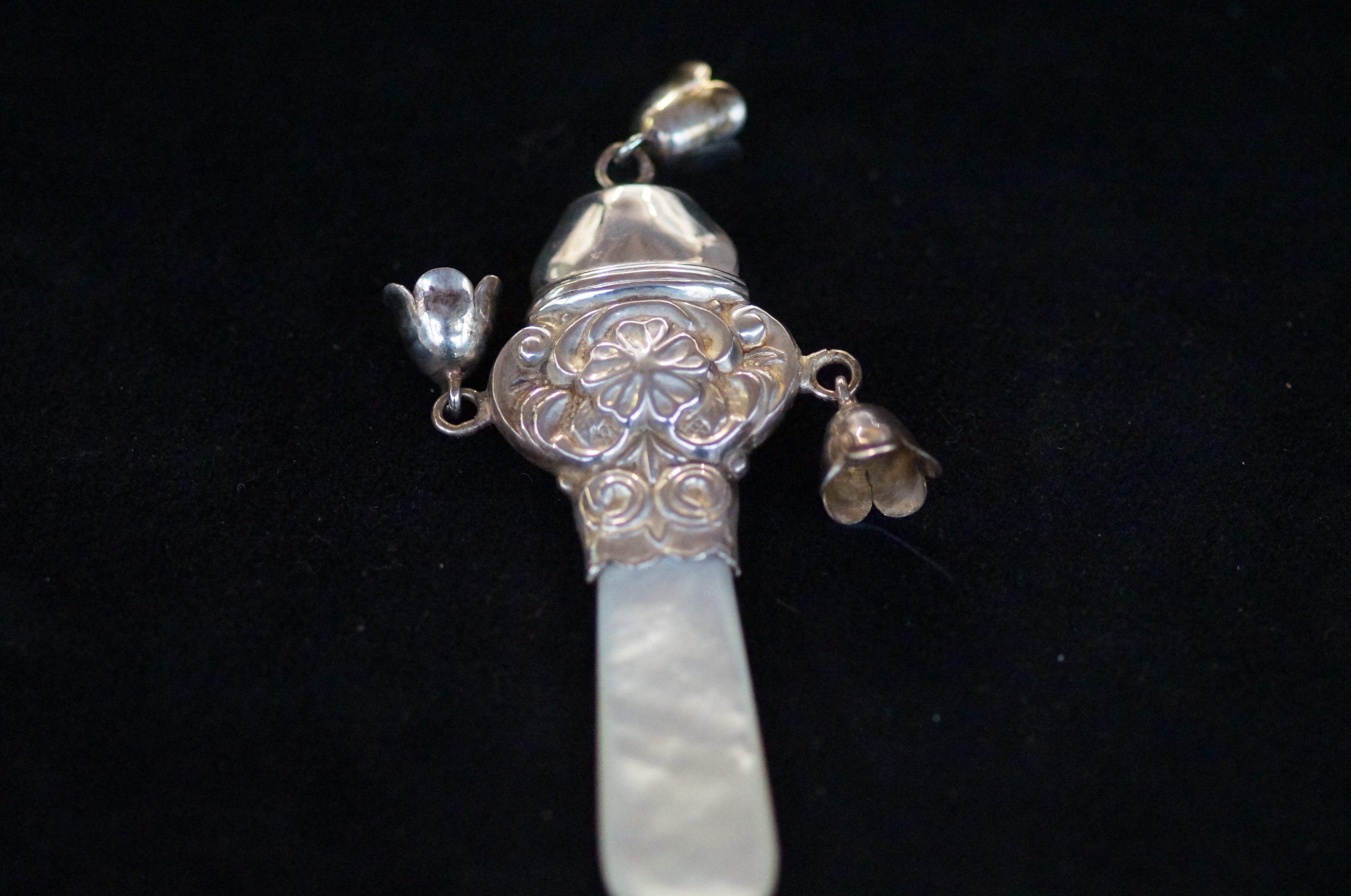 Victorian silver babies teething rattle set with m