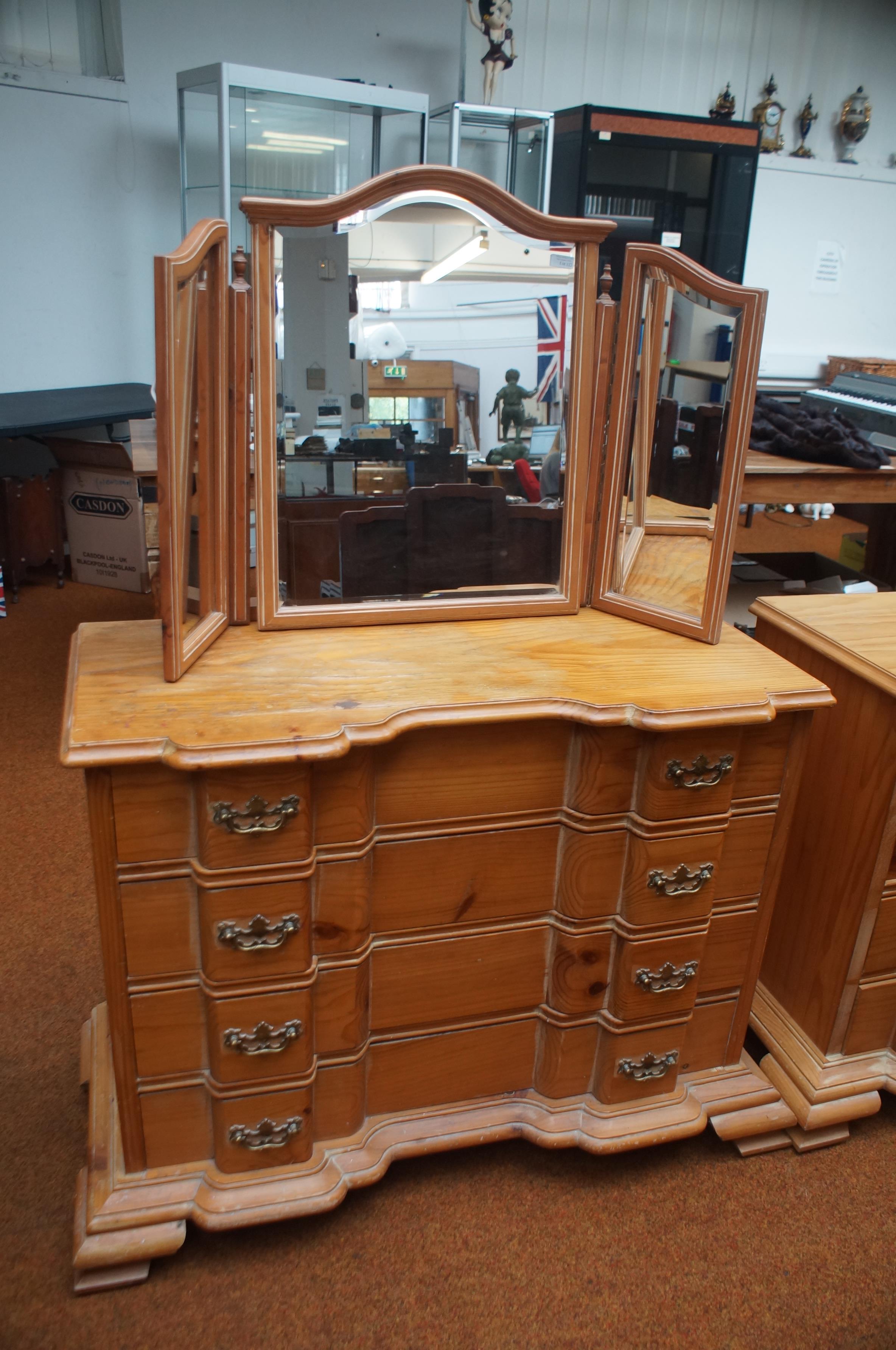 Pine set of drawers together with a triptych mirro