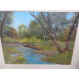 Framed oil on board river scene unsigned. 46 x 57