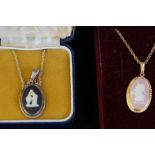 2 Wedgwood jasper yellow metal necklaces- 1 blue &