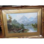 Early oil on canvas mountain & lake scene, framed