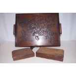 Vintage serving tray together with 2 carved Indian