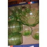 Green glass lemonade set & punch bowl