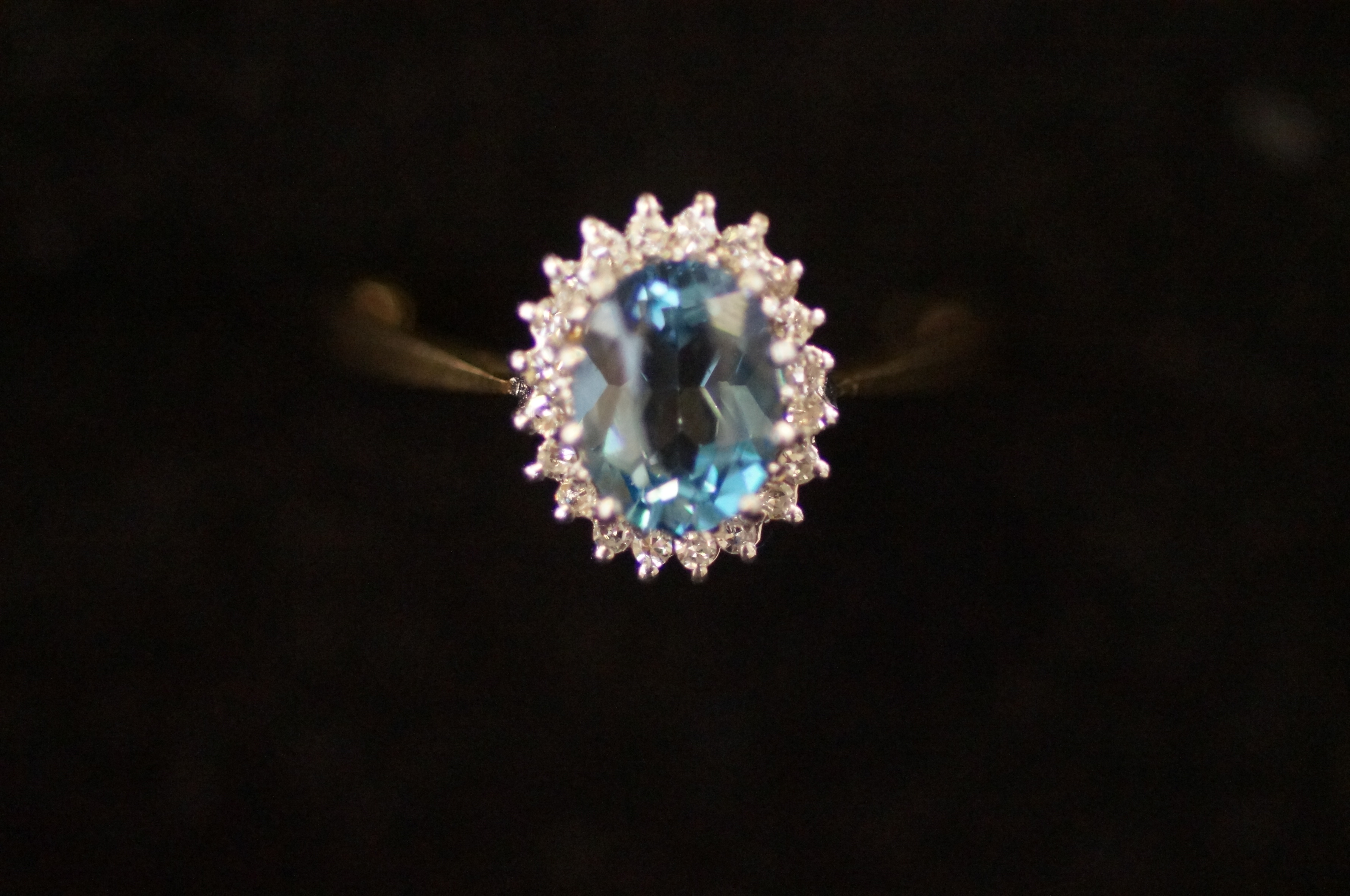 9ct Gold ring set with large blue topaz surrounded